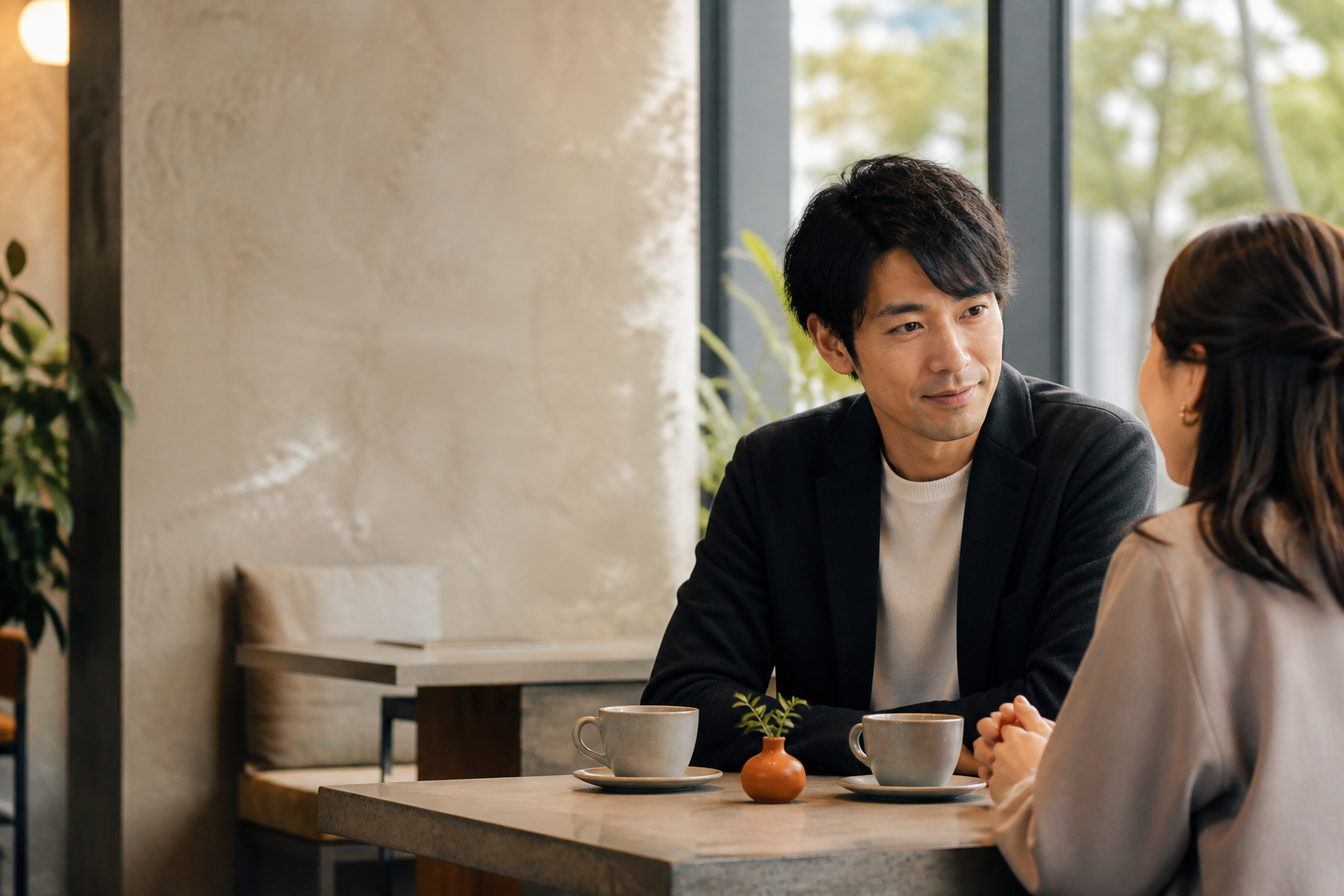 カフェで相手の話に耳を傾ける、落ち着いた雰囲気の男性